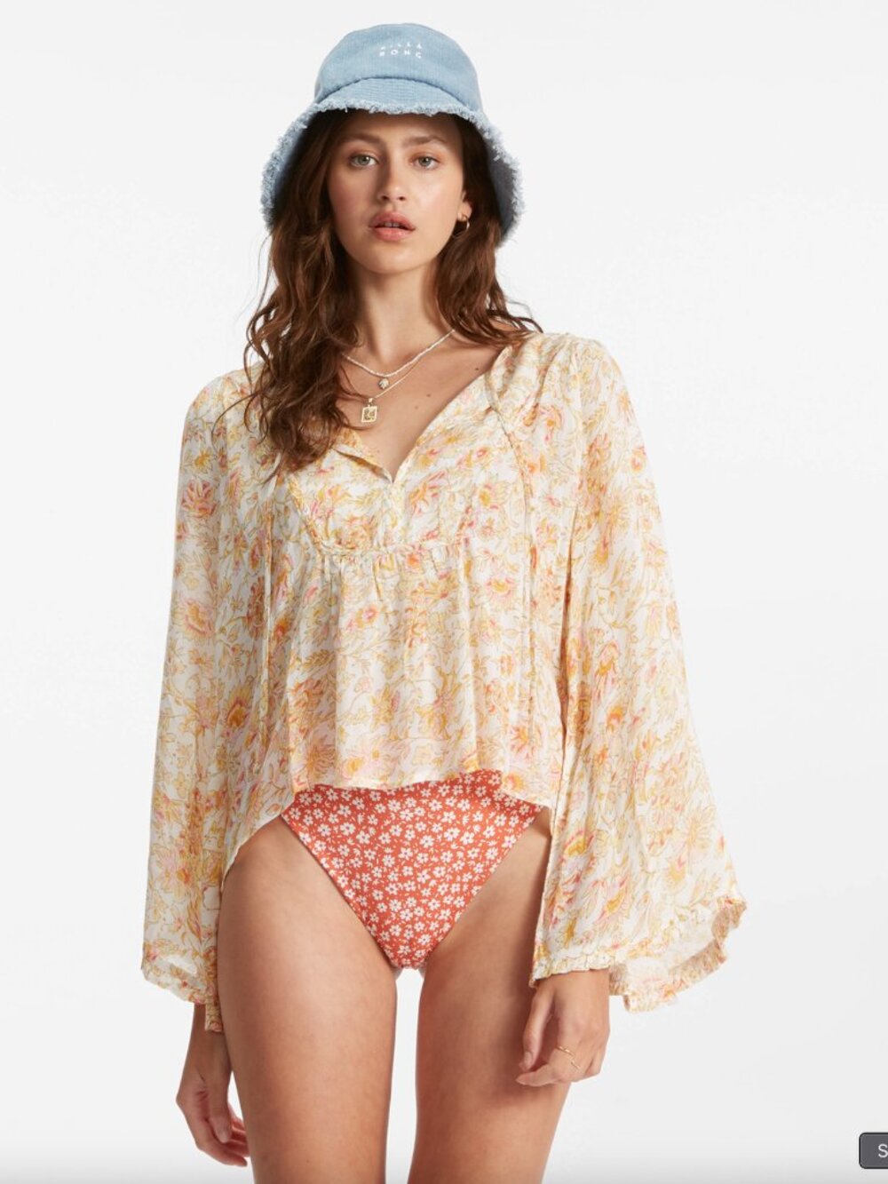 BILLABONG Boho Floral Tie-Neck Peasant Top Sz S